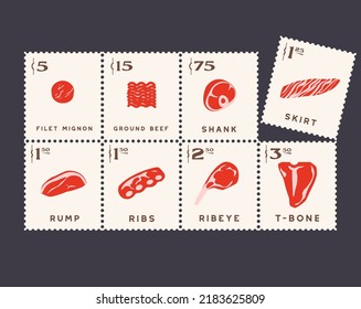 Beef Cuts, Meat Icons In Post Stamps Style, Steaks And Ribs, Ground Beef And Filet Mignon