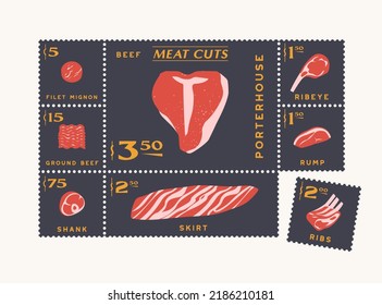 Beef Cuts, Meat Icons In Post Stamps Style, Steaks And Ribs, Ground Beef And Filet Mignon