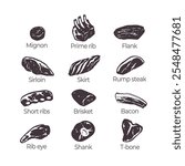 Beef cuts silhouette icons, guide for butcher shop, hand drawn meat elements