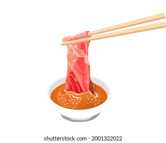 Beef dipping chilly sauce. A chopsticks holding sliced beef dipping sauce on white background. Anime authentic food vector illustration . Close up hotpot vector. 