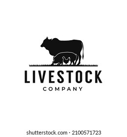 Beef emblem label logo with cow, grass, chicken, pork vector design template