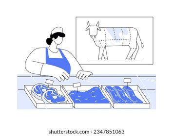 Beef fabrication abstract concept vector illustration. Raw beef meat assortment on shelf, food processing industry, ingredients for barbecue, butchery sector, porterhouse steak abstract metaphor.