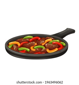 Beef Fajitas With Colorful Bell Peppers In Pan Vecor Icon. Traditional Mexican Dish Illustration.