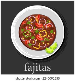 Beef fajitas with multi colored bell pepper on a plate with the name. Illustration of a traditional Mexican dish. Latin American cuisine. Fajitas.