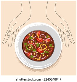 Beef fajitas with multi colored bell pepper on a plate with the name. Illustration of a traditional Mexican dish. Latin American cuisine. Fajitas.