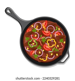 Beef fajitas with multicolored bell pepper in a black frying pan. Illustration of a traditional Mexican dish. Latin American cuisine. Fajitas.