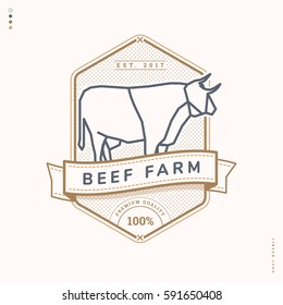 Logotipo lineal de la granja de carne de res, insignia vintage