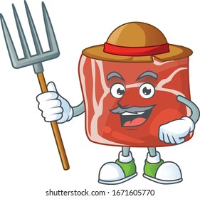 Beef in Farmer mascot design with hat and pitchfork