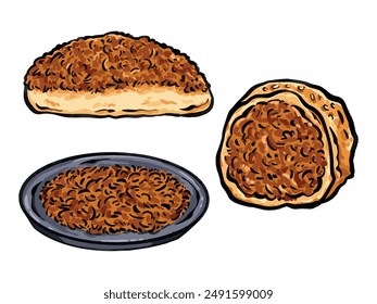 Beef floss bread and dish food illustration collection set isolated on horizontal white background. Simple flat cartoon art styled drawing.