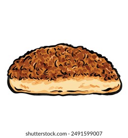 Beef floss bread food illustration isolated on square white background. Simple flat roti abon sapi cartoon art styled drawing.