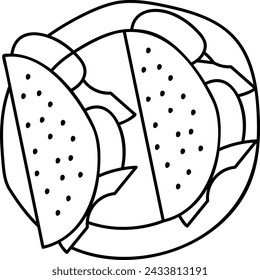 Beef Folded Tortillas Quesadilla outline concept, Vegetarian empanada vector design, Fast Food hand draw symbol, Junk food sign, english american cuisine stock illustration