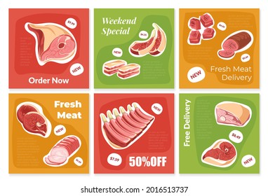 Beef food at post banner set, vector illustration. Meat steak for restaurant meal, order now fresh pork collection. Weekend special price at raw barbecue product, graphic design for social media.