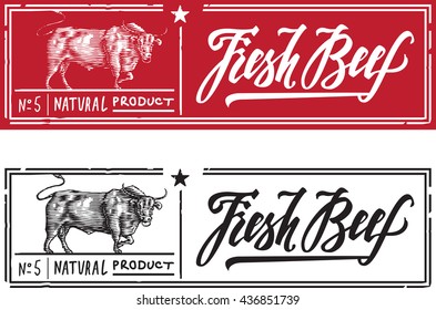 Beef in the form of engraving on label stamp. lettering calligraphy.