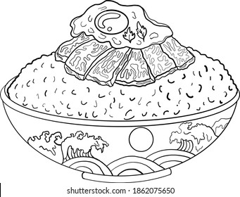 Beef and fried egg on rice bowl.Vector illustration of Japanese food for printing on shirt.Beutiful line art of Asian food for painting on wallpaper at restaurant.