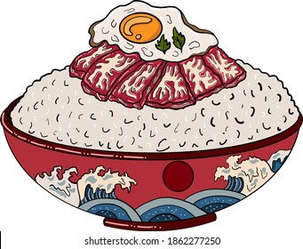 Beef and fried egg on rice bowl.Vector illustration of Japanese food for printing on shirt.Beutiful line art of Asian food for painting on wallpaper at restaurant.