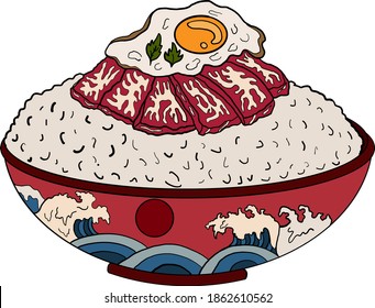 Beef and fried egg on rice bowl.Vector illustration of Japanese food for printing on shirt.Beutiful line art of Asian food for painting on wallpaper at restaurant.