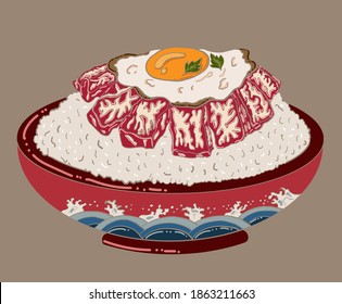 Carne y huevo frito en un bol de arroz.Ilustración vectorial de la comida japonesa para imprimir en una camiseta.Bonita línea de arte de la comida asiática para pintar en papel pintado en el restaurante.