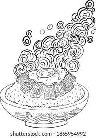 Beef and fried egg on rice bowl.Vector illustration of Japanese food for printing on shirt.Beutiful line art of Asian food for painting on wallpaper at restaurant.