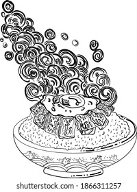 Beef and fried egg on rice bowl.Vector illustration of Japanese food for printing on shirt.Beutiful line art of Asian food for painting on wallpaper at restaurant.