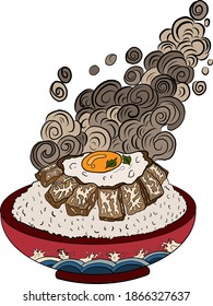 Beef and fried egg on rice bowl.Vector illustration of Japanese food for printing on shirt.Beutiful line art of Asian food for painting on wallpaper at restaurant.