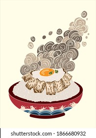 Beef and fried egg on rice bowl.Vector illustration of Japanese food for printing on shirt.Beutiful line art of Asian food for painting on wallpaper at restaurant.
