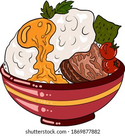 Beef and fried egg on rice bowl.Vector illustration of Japanese food for printing on shirt.Beutiful line art of Asian food for painting on wallpaper at restaurant.
