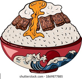 Beef and fried egg on rice bowl.Vector illustration of Japanese food for printing on shirt.Beutiful line art of Asian food for painting on wallpaper at restaurant.
