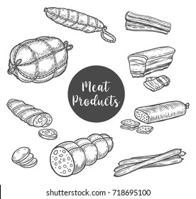 Beef ham and smoked roulade sketches for store or shop, market poster. Kielbasa and frankfurter sausages on butcher banner or badge. Restaurant and farm, nutrition and food, meal theme