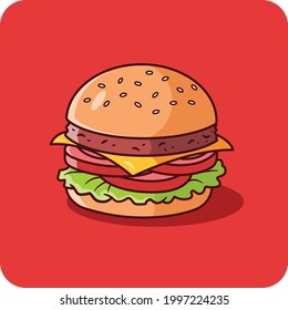 Rindfleisch Hamburger mit Tomaten und Gemüse, einzelne Ikone und flaches Design auf rotem Hintergrund.