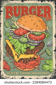 Beef hamburger vintage flyer colorful with delicious burger from cafe of street food or cool meat bar vector illustration