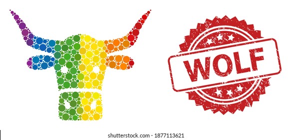 Beef head collage icon of filled circle spots in different sizes and LGBT colored shades, and Wolf scratched rosette seal imitation. A dotted LGBT-colored Beef head for lesbians, gays, transgenders,