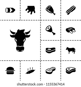 Beef icon. collection of 13 beef filled icons such as sausage, bacon, meat, udder, cow. editable beef icons for web and mobile.