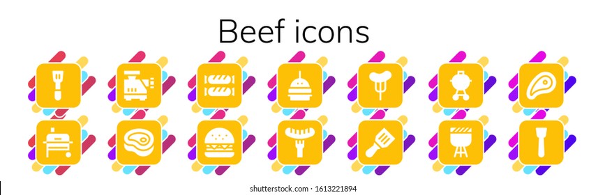 beef icon set. 14 filled beef icons.  Simple modern icons such as: Spatula, Grill, Meat grinder, Meat, Sausage, Burger, Barbecue