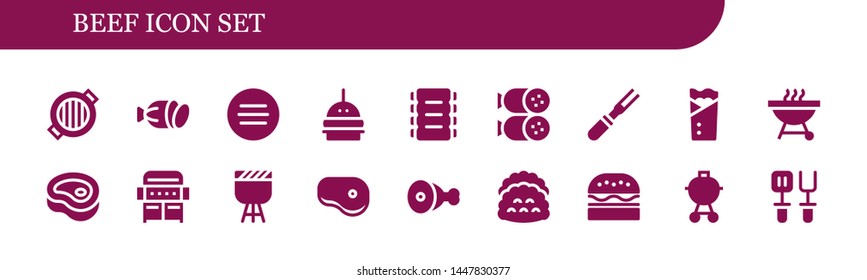 beef icon set. 18 filled beef icons.  Simple modern icons about  - Grill, Salami, Meat, Burger, Ribs, Kebab, Barbecue, Steak, Tacos, Spatula
