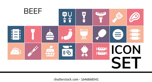 beef icon set. 19 filled beef icons.  Simple modern icons such as: Spatula, Ribs, Taco, Meat, Burger, Chop, Barbecue, Sausage