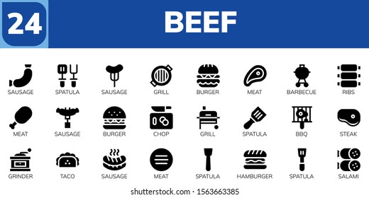 beef icon set. 24 filled beef icons.  Simple modern icons about  - Sausage, Spatula, Grill, Burger, Meat, Barbecue, Ribs, Chop, Bbq, Steak, Grinder, Taco, Hamburger, Salami