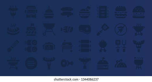 beef icon set. 32 filled beef icons. on blue background style Simple modern icons about  - Sausage, Spatula, Barbecue, Grill, Burger, Salami, Meat, Taco, Ribs, Steak, No fast food