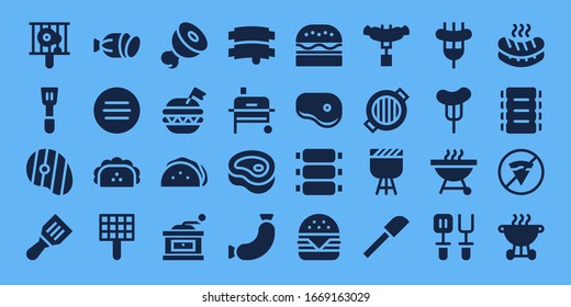 beef icon set. 32 filled beef icons. on blue background style Simple modern icons such as: Bbq, Spatula, Steak, Salami, Meat, Taco, Grill, Burger, Grinder, Ribs, Sausage, Hamburger