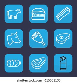 Beef icon. set of 9 outline beef icons such as cow, beef, sausage, burrito, bacon, meat