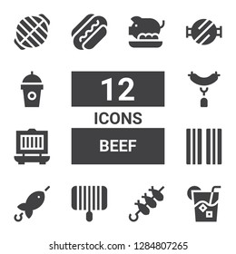 beef icon set. Collection of 12 filled beef icons included Drink, Brochette, Grill, Bacon, Sausage, Barbecue grill, Pork