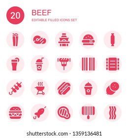 beef icon set. Collection of 20 filled beef icons included Wrap, Meat, Grill, Burger, Sausage, Drink, Bacon, Ribs, Brochette, Hamburger