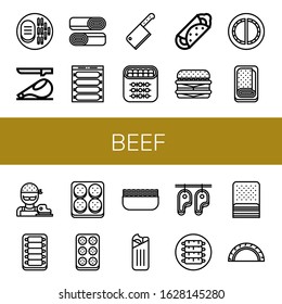 beef icon set. Collection of Steak, Ham, Shawarma, Sausage, Cleaver, Shish kebab, Burrito, Cheeseburger, Cheburek, Meatloaf, Butcher, Ribs, Burger, Meatball, Minced meat icons