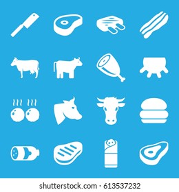 Beef icons set. set of 16 beef filled icons such as cow, udder, beef, sausage, burrito, bacon, meat, butcher knife