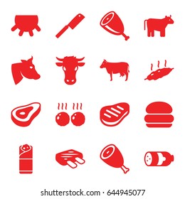 Beef icons set. set of 16 beef filled icons such as cow, udder, beef, sausage, burrito, meat, butcher knife