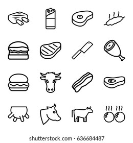 Beef icons set. set of 16 beef outline icons such as cow, udder, beef, burrito, bacon, meat, burger