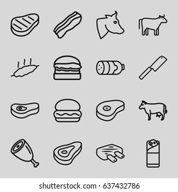 Beef icons set. set of 16 beef outline icons such as cow, beef, sausage, burrito, bacon, meat, burger