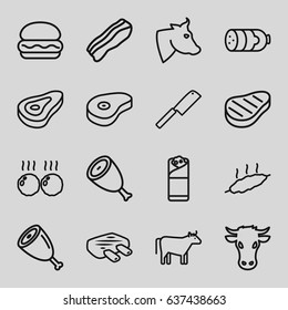 Beef icons set. set of 16 beef outline icons such as cow, beef, sausage, burrito, bacon, meat, butcher knife