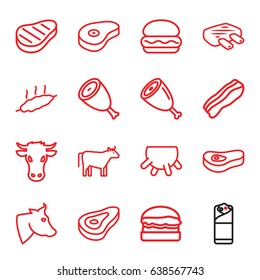 Beef icons set. set of 16 beef outline icons such as cow, udder, beef, burrito, bacon, meat