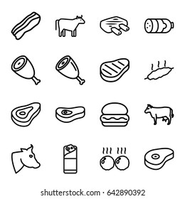 Beef icons set. set of 16 beef outline icons such as cow, beef, sausage, burrito, bacon, meat