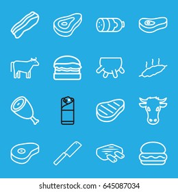 Beef icons set. set of 16 beef outline icons such as cow, udder, beef, sausage, burrito, bacon, meat, burger